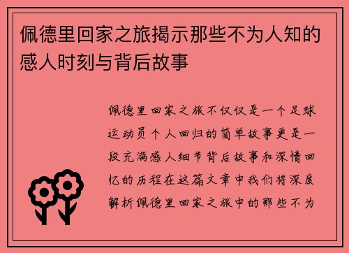 佩德里回家之旅揭示那些不为人知的感人时刻与背后故事